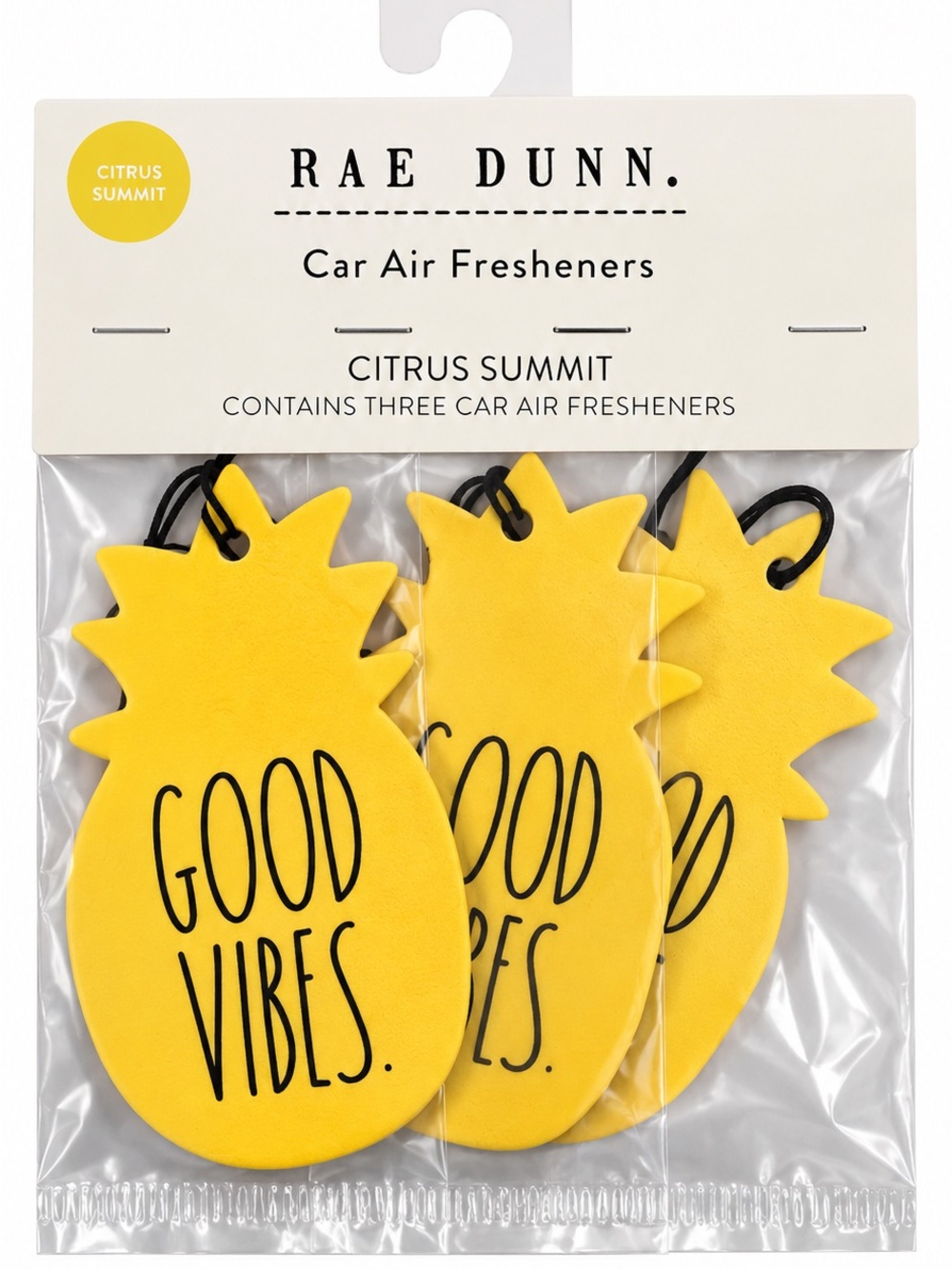 Rae Dunn Yellow Pineapple 'Good Vibes' Car Air Fresheners (3-Pack) NEW
